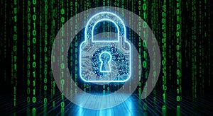 Digital padlock with circuit board design and binary code on dark futuristic background