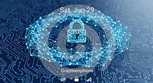 Digital padlock on circuit board with glowing network