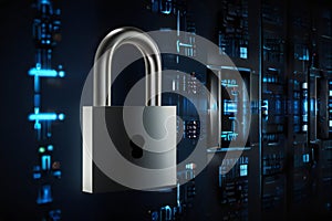 Digital padlock for computing system on dark blue background, technology backgrounds