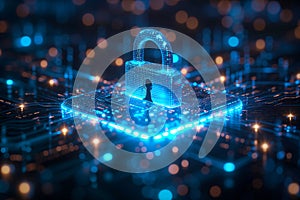 Digital padlock, cyber security, lockout from computer cloud, safety concept, protection of privacy and personal data