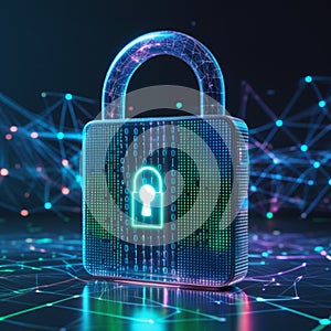 A digital padlock is enveloped in binary code, symbolizing cybersecurity.