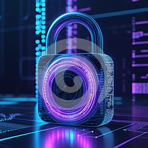 A digital padlock is enveloped in binary code, symbolizing cybersecurity.