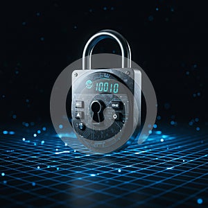 A digital padlock with a futuristic design hovers above a grid pattern surface. The lock