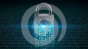 Digital padlock with glowing binary code background, cybersecurity concept