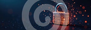 Digital padlock glowing with binary code and sparkling particles on dark background, symbolizing data security.