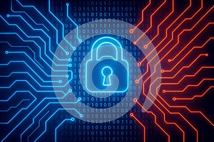 Digital padlock glowing blue on a circuit board with binary code technology security