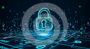 Digital padlock with glowing circuit patterns on a dark background with binary code