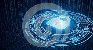 Digital padlock glowing with futuristic blue circuit board and binary code background