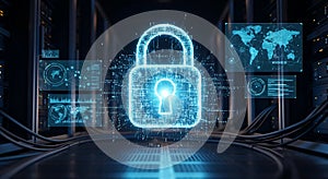 Digital padlock hologram representing cybersecurity and data protection in a server room environment