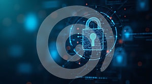 Digital padlock icon with binary code on abstract blue background. Cybersecurity concept