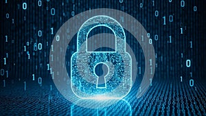 Digital padlock icon on binary code background symbolizing cybersecurity
