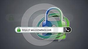 Digital padlock and browser bar with https secured website address security internet