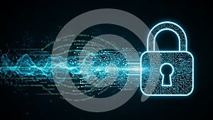 Digital padlock icon with glowing circuit board and binary code streams security cybersecurity