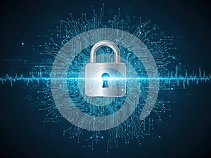 Cybersecurity Padlock: Digital Data Protection on Circuit Board Network