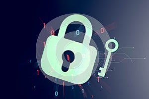 Digital padlock and key with binary numbers and data lines on a gradient background, symbolizing cyber security, secure access,