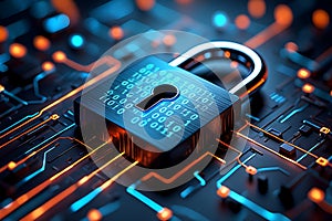 A digital padlock secured on a circuit board with binary code