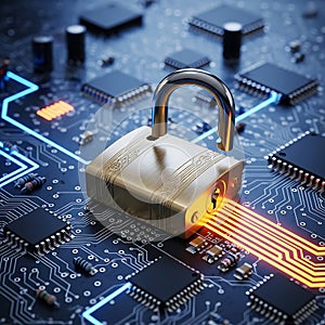 Digital padlock securing data on circuit board isolated on white background