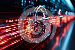 Digital padlock securing data stream with binary code in background