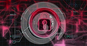 Digital padlock and security system image over futuristic interface