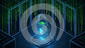 Digital Padlock in Server Room with Binary Code