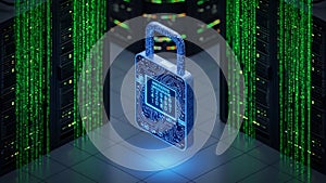Digital Padlock in Server Room with Matrix Code