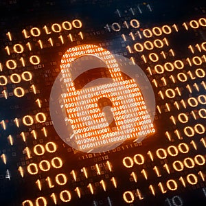 Digital padlock surrounded by binary code, glowing orange, symbolizing cybersecurity and protection