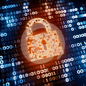 Digital padlock surrounded by binary code, glowing orange, symbolizing cybersecurity and protection