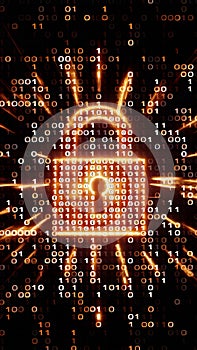 Digital padlock surrounded by binary code, glowing orange, symbolizing cybersecurity and protection