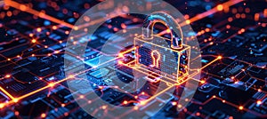 Cybersecurity Concept: Digital Padlock with Glowing Binary Streams and Secure Firewalls