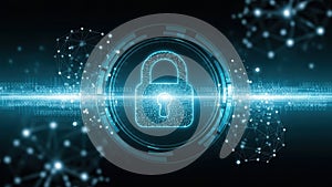 Digital padlock symbol with binary code and network nodes on a dark blue background with light blue highlights