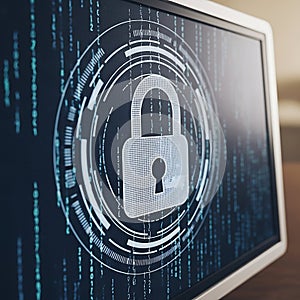 Digital padlock symbol on computer screen with binary code