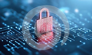 A digital padlock symbolizes cybersecurity, representing data protection, encryption, and online safety in a technology-driven photo