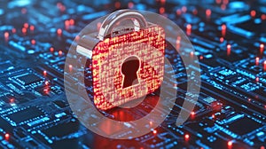 Digital padlock symbolizing cybersecurity on a circuit background