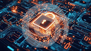 Digital padlock symbolizing cybersecurity on a circuit board