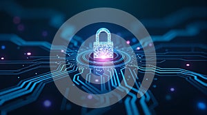 Digital padlock symbolizing cybersecurity and data protection network.