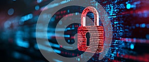 digital padlock symbolizing cybersecurity surrounded by binary code and data streams represents importance of data protection