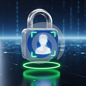 Digital padlock with user icon and binary code background symbolizing security