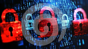 Digital padlocks with binary code background, symbolizing cybersecurity
