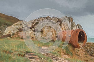 Digital painting of the abandoned, derelict ruins of Porth Wen brickworks, Anglesey