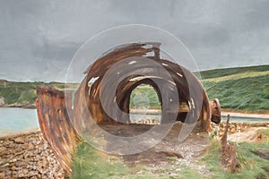 Digital painting of the abandoned, derelict ruins of Porth Wen brickworks, Anglesey