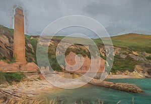 Digital painting of the abandoned, derelict ruins of Porth Wen brickworks, Anglesey