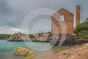 Digital painting of the abandoned, derelict ruins of Porth Wen brickworks, Anglesey