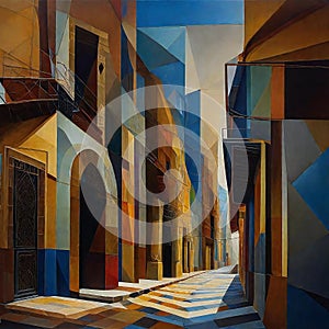 Digital painting of an arabic courtyard with arches, columns and doors