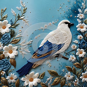 A digital painting art of a beautiful bird on a branch, surrounded by the flowers, blue fragant cloud