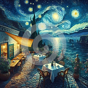 A digital painting art of a breathtaking terrace cafe, in a starry night of Van Gogh, with beautiful sea view againts the moonlit