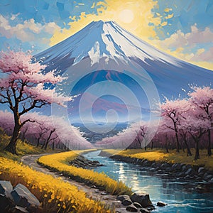 A digital painting art of Mount Fuji, Honshu Island, sakura blossoms tree, river, panorama