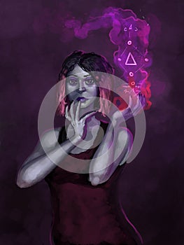 Digital painting of attractive female wizard casting a magic spell with symbols and colorful light - digital fantasy painting