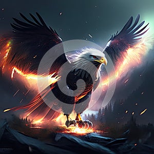 Digital painting of a bald eagle flying over a burning forest in the night AI generated