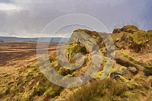 Digital painting of bleak winter panoramic view of Baldstone, and Gib Torr in the Peak District National Park photo