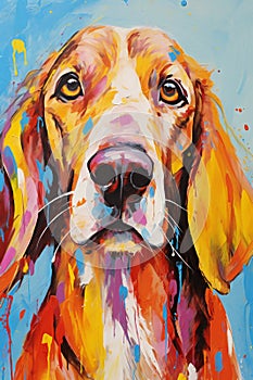 Digital painting of a Basset hound dog with colorful splashes